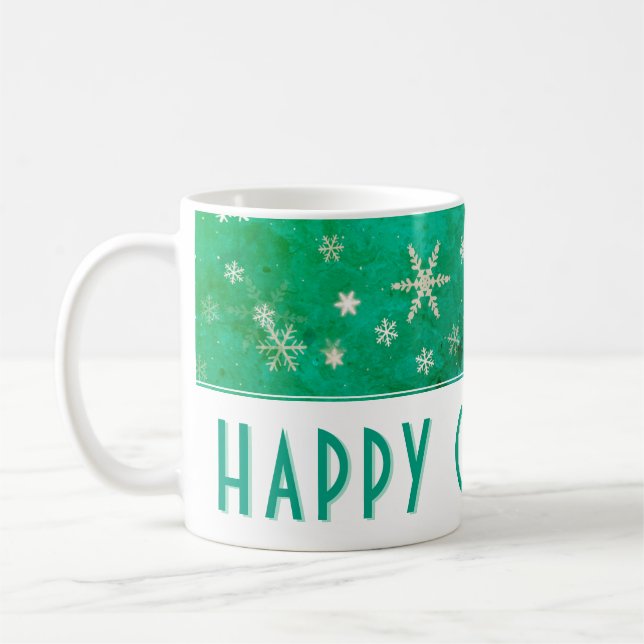 Caneca De Café Feliz Natal Verde em Floco de Neve Moderno (Esquerda)