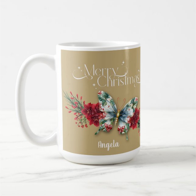 Caneca De Café Feliz Natal Vintage Butterfly Poinsettia (Esquerda)