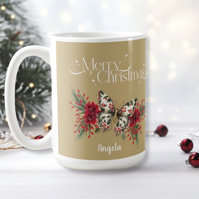 Caneca De Café Feliz Natal Vintage Butterfly Poinsettia (Criador carregado)