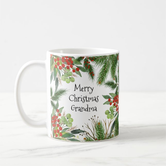 Caneca De Café Feliz Natal Vovó Vermelha Verde Festivo Holly (Esquerda)