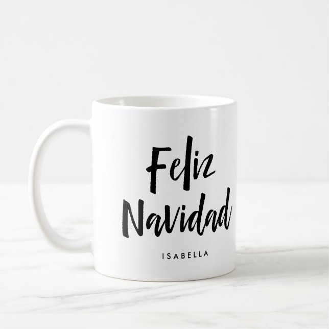 Caneca De Café Feliz Navidad | Script manuscrito preto e branco (Esquerda)