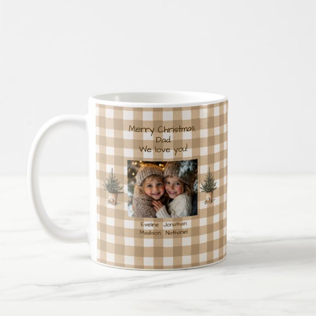 Caneca De Café Feliz Pai de Natal Rustic Brown Gingham Foto (Esquerda)