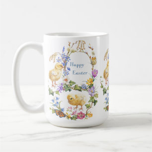 Caneca De Café Feliz Páscoa Aquarela Frango Grinalda Floral