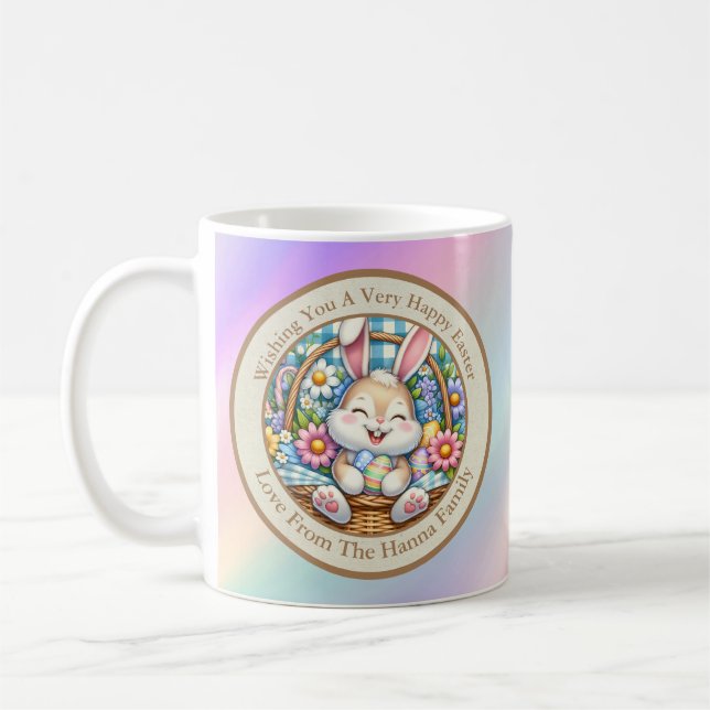 Caneca De Café Feliz Páscoa Com Coelhinho Fofo, Ovos e Floral (Esquerda)