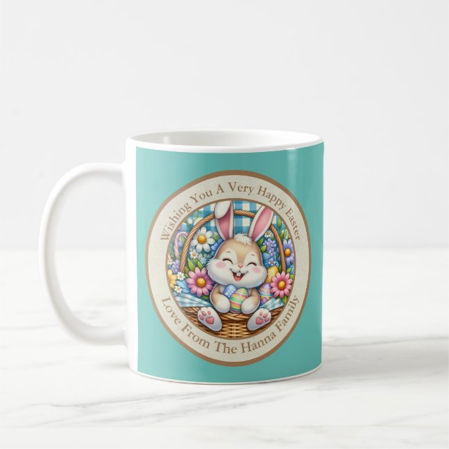 Caneca De Café Feliz Páscoa Com Coelhinho Fofo, Ovos e Floral (Esquerda)
