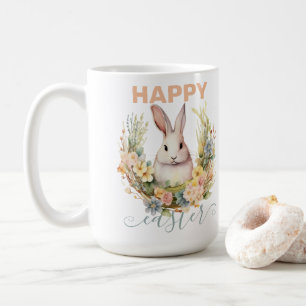 Caneca De Café Feliz Páscoa com Coelho e Grinalda Floral Fofo