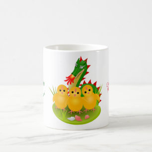 Caneca De Café Feliz Páscoa de três pintinhos e Dragão de Mons