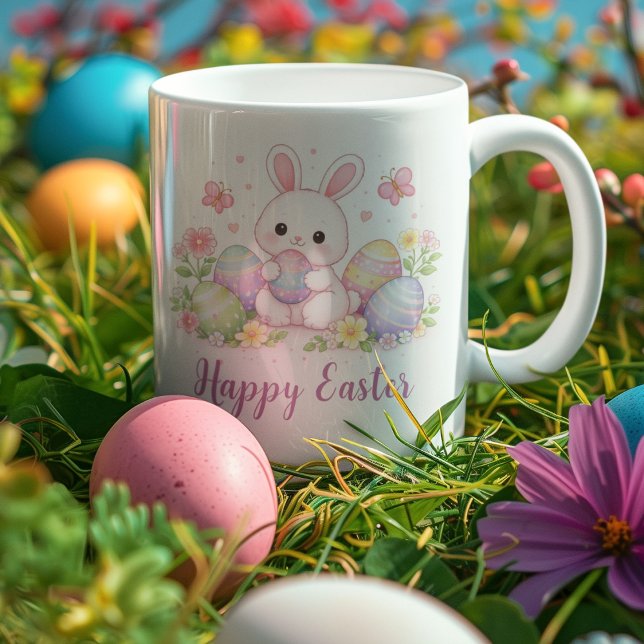 Caneca De Café Feliz Páscoa Design de Primavera - Coelhinho da Pá (Criador carregado)