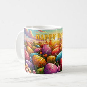Caneca De Café Feliz Páscoa Ovos Coloridos em Prado de Primavera