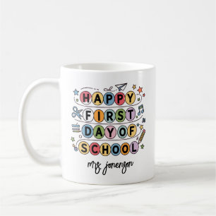 Caneca De Café Feliz Primeiro Dia de Aula Nome Personalizado