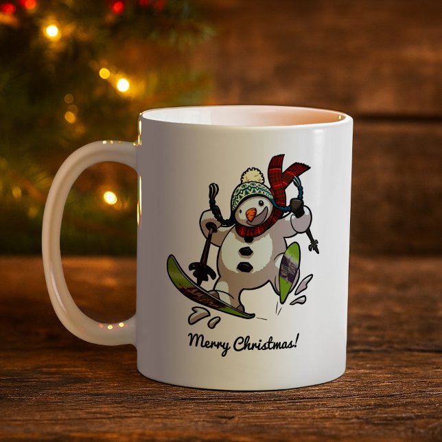 Caneca De Café Feliz Skiing Snowman Wooly Hat Cartoon de Natal (Criador carregado)