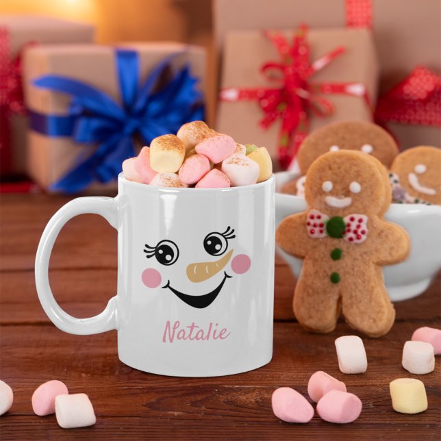 Caneca De Café Feliz Snowman Face Personalizado Nome Feriado (Criador carregado)