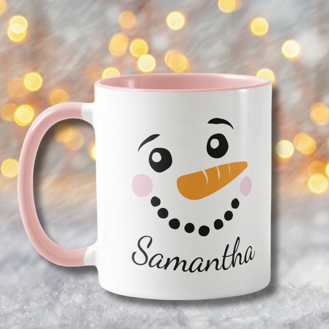 Caneca De Café Feliz Snowman Face Personalizado Nome Natal (Criador carregado)