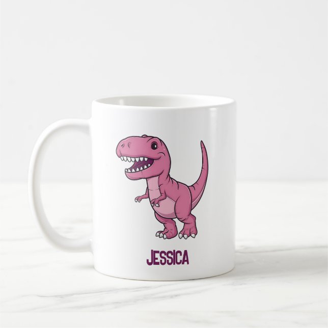 Caneca De Café Feliz T-Rex Dino Rosa Com Nome Para Crianças (Esquerda)