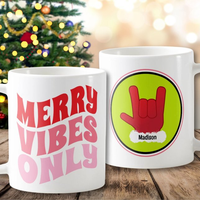 Caneca De Café Feliz Vibes Apenas Verde Rosa Nome Legal Natal (Merry Vibes Only Pink Green Name Cool Christmas Coffee Mug)