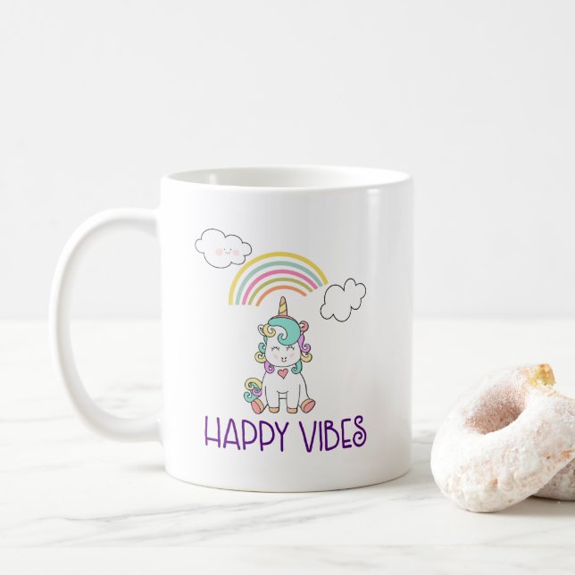 Caneca De Café Feliz Vibes Typografia Cute Smiling Unicorn (Com Donut)