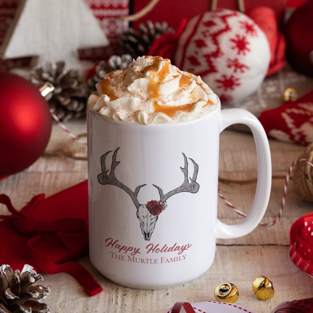 Caneca De Café Felizes Feriados, Reindeer Crânio Touro (Elegant and Rustic Country Christmas Reindeer Skull and Red Roses Mug. Hand Drawn Illustration.)