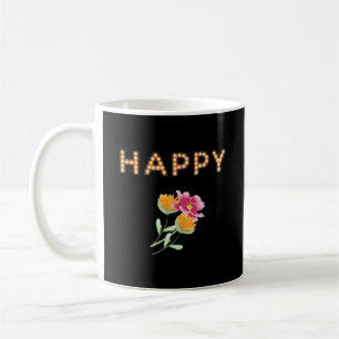 Caneca De Café FELIZMENTE, Letras Lâmpadas, Flores