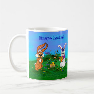 Caneca De Café Felz pascoa! Coelho com coelho e Pintinho