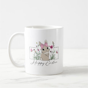 Caneca De Café Felz pascoa coelho com Design Floral e Arco Rosa