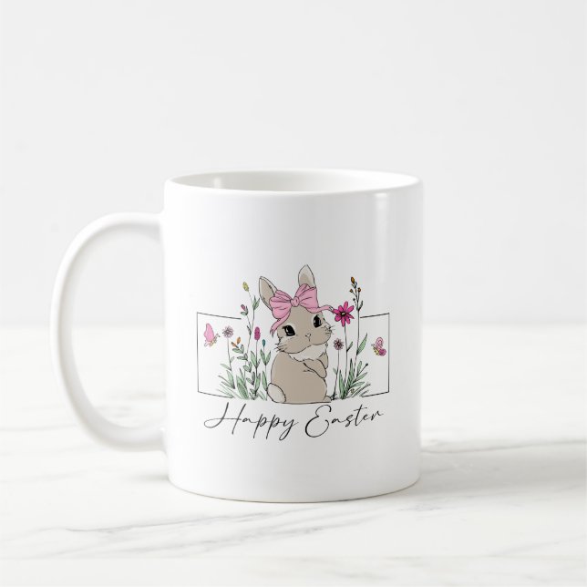 Caneca De Café Felz pascoa coelho com Design Floral e Arco Rosa (Esquerda)