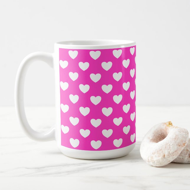 Caneca De Café Feminina De Corações Brancos E Rosa Flashy (Com Donut)