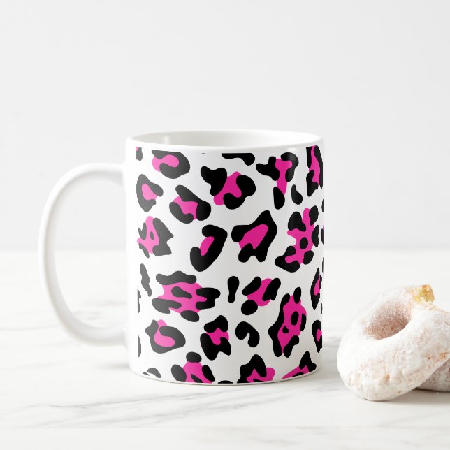 Caneca De Café Feminino Branco Preto e Rosa Choque Leopardo (Com Donut)