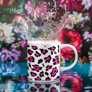 Caneca De Café Feminino Branco Preto e Rosa Choque Leopardo