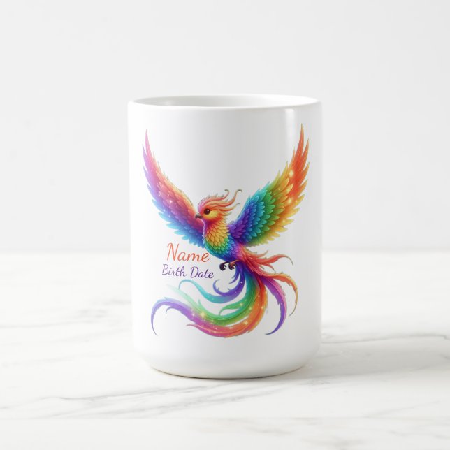 Caneca De Café Fenix Arco-íris Personalizada Nome Data de Nascime (Centro)