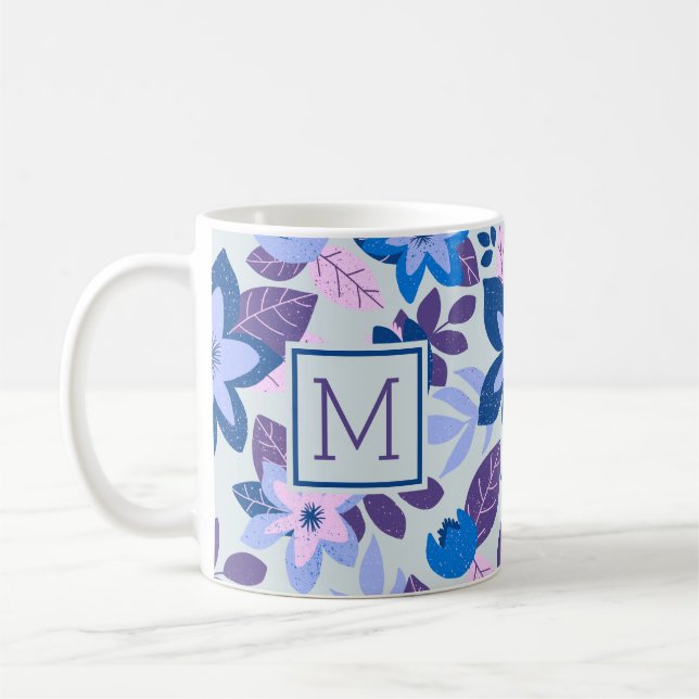 Caneca De Café Feriado Azul Floral de Natal Moderno (Esquerda)