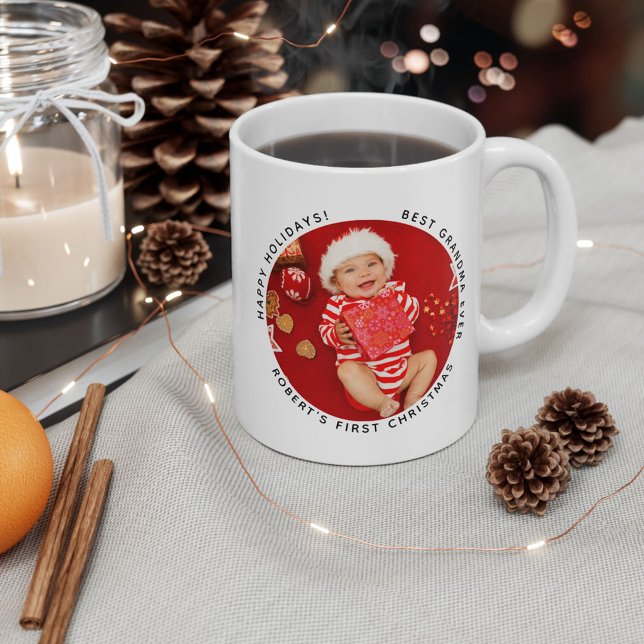 Caneca De Café Feriado da Vovó no Primeiro Natal (First Christmas Baby Photo Grandma Custom White 11oz Coffee Mug)