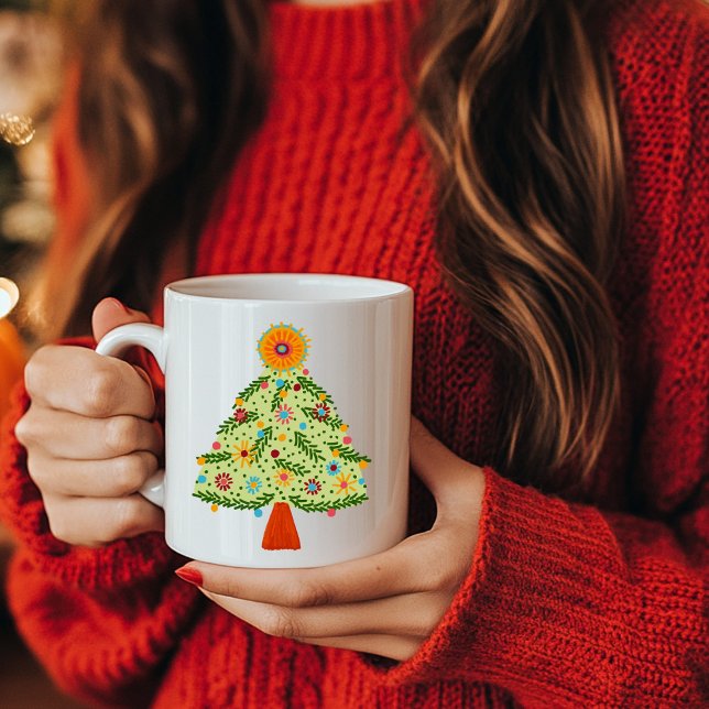 Caneca De Café Feriado de Árvore de Natal de Folha Whimsical (Whimsical Folk Christmas Tree Holiday Coffee Mug
)