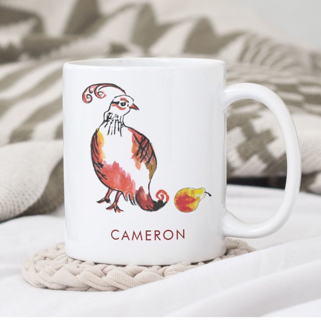 Caneca De Café Feriado de Boho Pear Cute Personalizado do Partuch (This personalized Christmas Partridge in a Pear tree mug features a cute red bird drawn by hand.)