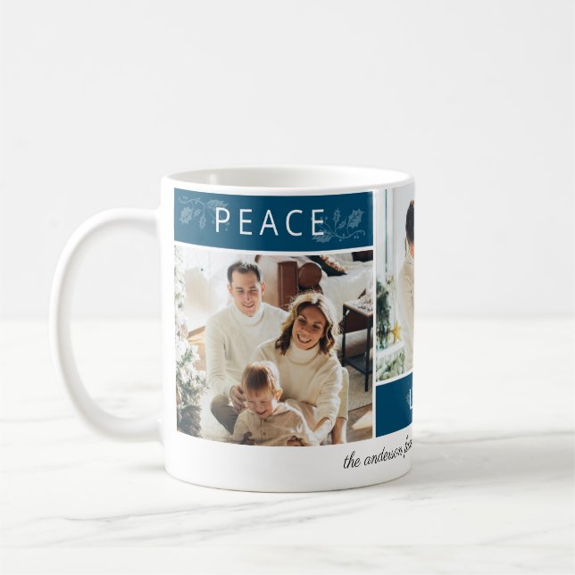 Caneca De Café Feriado de Colagem Fotográfica Peace Joy Love Teal (Esquerda)