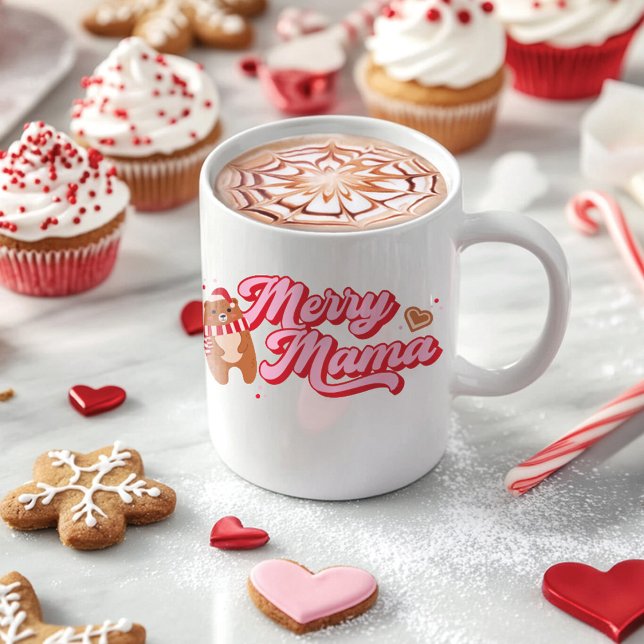 Caneca De Café Feriado de Urso da Mama Feliz Bonita (Red & Pink Merry Mama Bear Cute Holiday Mug)