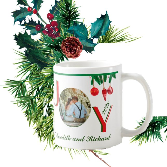 Caneca De Café Feriado Natal JOY Dotado Nome da Foto Ano (Criador carregado)