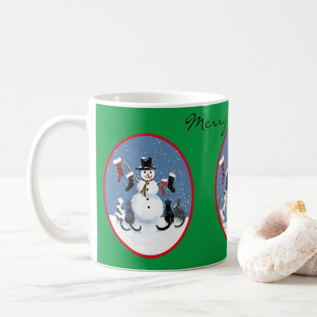 Caneca De Café Feriado Personalizado da História de Cats Snowman (Com Donut)