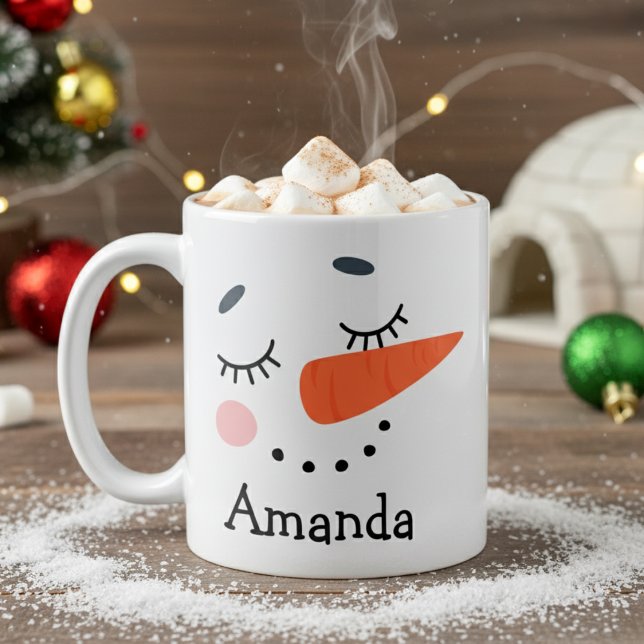 Caneca De Café Feriado Personalizado de Bonito Feliz Homem de Nev (Cute Happy Snowman Face Personalized Holiday Coffee Mug - Makes a great gift for kids and adults!)