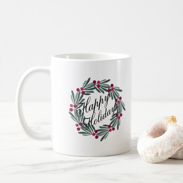 Caneca De Café Feriados Felizes Script White Wreath Bonito (Com Donut)