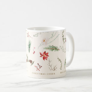 Caneca De Café Férias de Natal Boho Elegante Poinsettia Folhagem