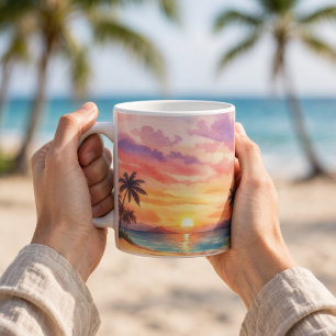 Caneca De Café Férias de Verão Palmeiras Praia do pôr do sol trop