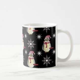 Caneca De Café Férias Felizes Pinguins e Flocos de Neve em Preto