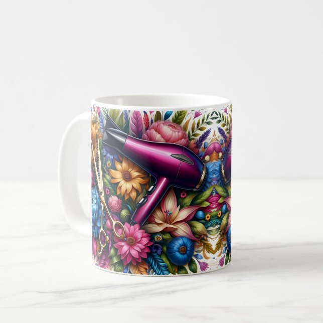 Caneca De Café Ferramentas de Cabeleireiro Floral (Frente Esquerda)