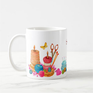 Caneca De Café Ferramentas de costura de pêssego em aquarela nome