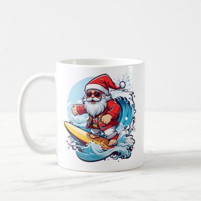 Caneca De Café Feset Santa Claus Surfando Ondas de Natal (Esquerda)