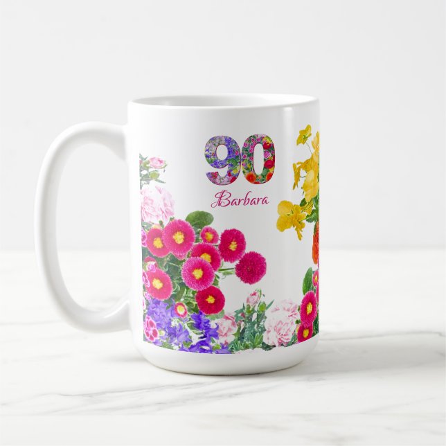 Caneca De Café Festa de aniversário 90 - Buquê Floral 90 Anos (Esquerda)