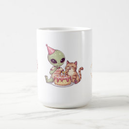 Caneca De Café Festa de Aniversário de Gato Alien Cartoon