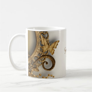 Caneca De Café Festa de Casamento Borboleta Floral Dourada Vintag