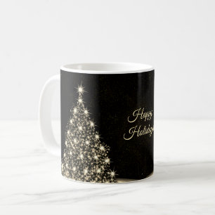 Caneca De Café Festa de Natal Árvore Brilhante Dourada Inverno Pr