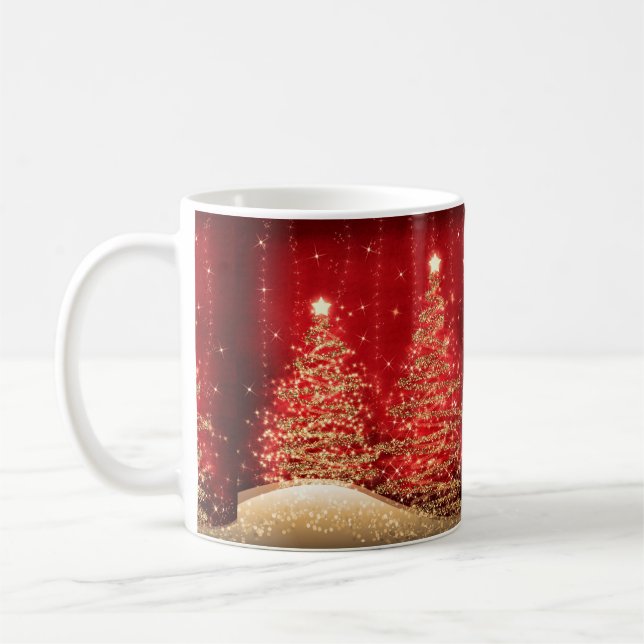 Caneca De Café Festa de Natal Elegante, Árvores de Espumante Verm (Esquerda)